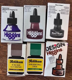 Lot of 6 Bottles Higgins Ink and Vintage Pelikan Inks Calligraphy Fountain Pen